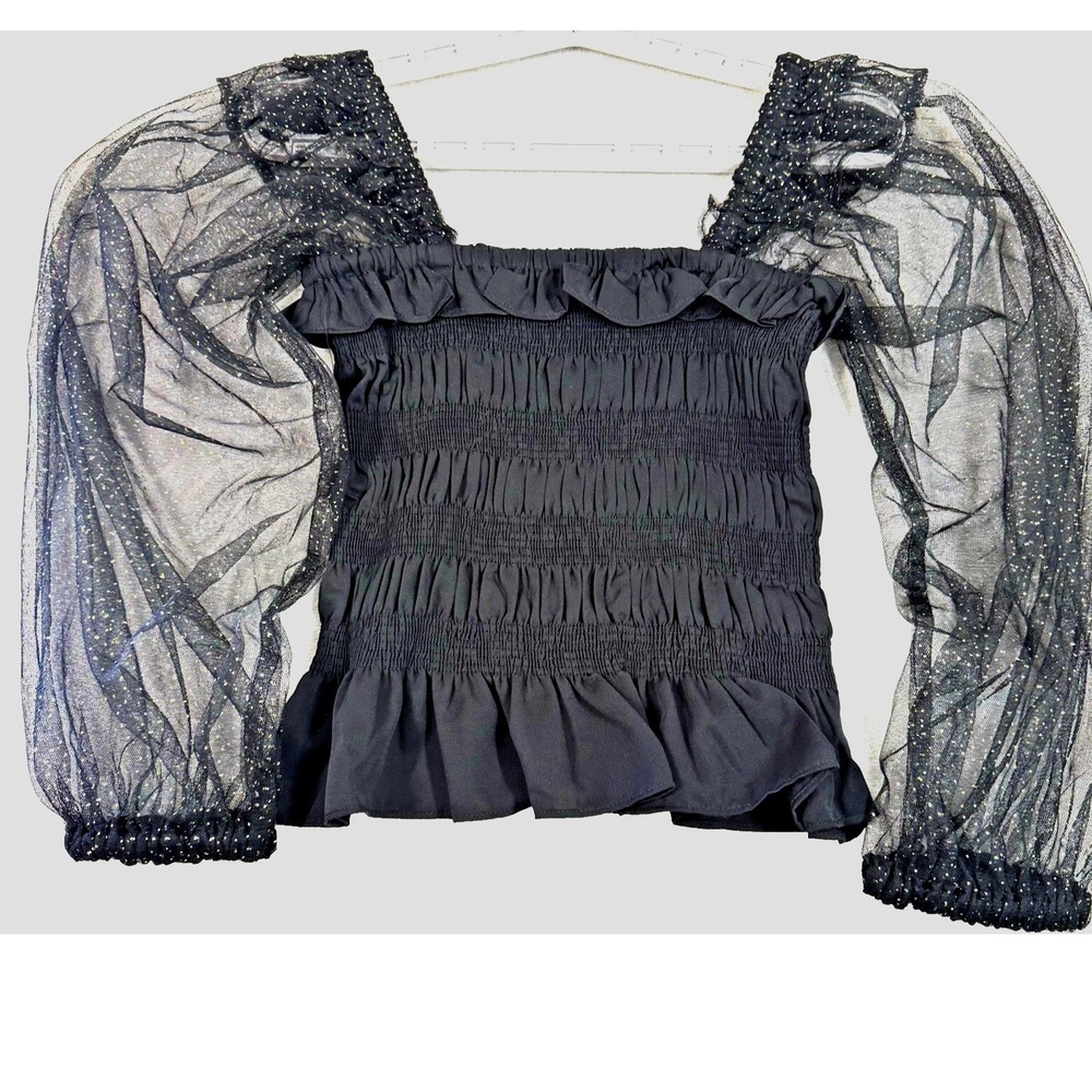 Jess Lea Womens Smocked Top S Sheer Long Sleeves Hold‎ Sparkles Party Whimsigoth